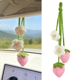 Crochet Strawberry Car Accessories, Handmade Strawberry Car Hanging Ornament, Pink Rearview Mirror Hanging Accessories Cute Hanging Decor for Women and Girls - 2PCS