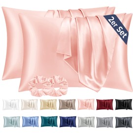 Vielit Set of 2 Satin Pillowcases, 50 x 80 cm, Pink, Soft as Silk Pillowcases, Better Care Than Silk Pillowcases, for Hair and Skin, with 2 Hair Scrunchies