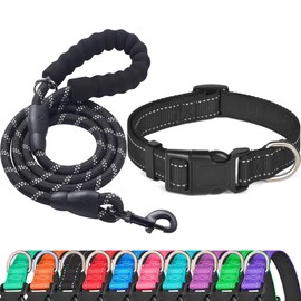 Ladoogo Reflective Dog Collar Padded with Soft Neoprene Breathable Adjustable Nylon Dog Collars for Small Medium Large Dogs (Large (Pack of 1), Black Collar+Leash)