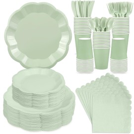 350 Pcs Sage Green Party Supplies Include Scalloped Plate Napkin Cup Forks Knives, Plastic Cutlery 50 Guest Disposable Party Tableware Set for Wedding Baby Shower Bridal Shower Birthday Parties