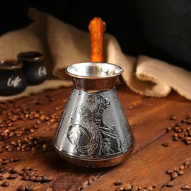 25 Oz Copper Turkish Greek Arabic Engraved Coffee Pot Stovetop Coffee Maker Cezve Ibrik Briki with Wooden Handle Warrior