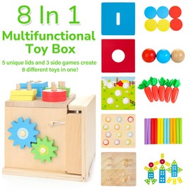 JUSTWOOD Montessori Toys for 1+ Year Old, 8-in-1 Wooden Play Kit Includes Object Permanent Box, Learning Activity Cube, Sorting & Stacking Toy, Carrot Harvest Game, Gift for Boys Girls Age 12+ Months