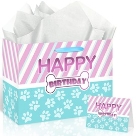 Dog Paw Print Birthday Gift Bags Puppy Paw Print Paper Bags Paw Print Wrapping Bag with Tissue Paper Cards Blue Purple Dog Paw Print Party Favor Bags for Christmas Pet Birthday Party Decorations