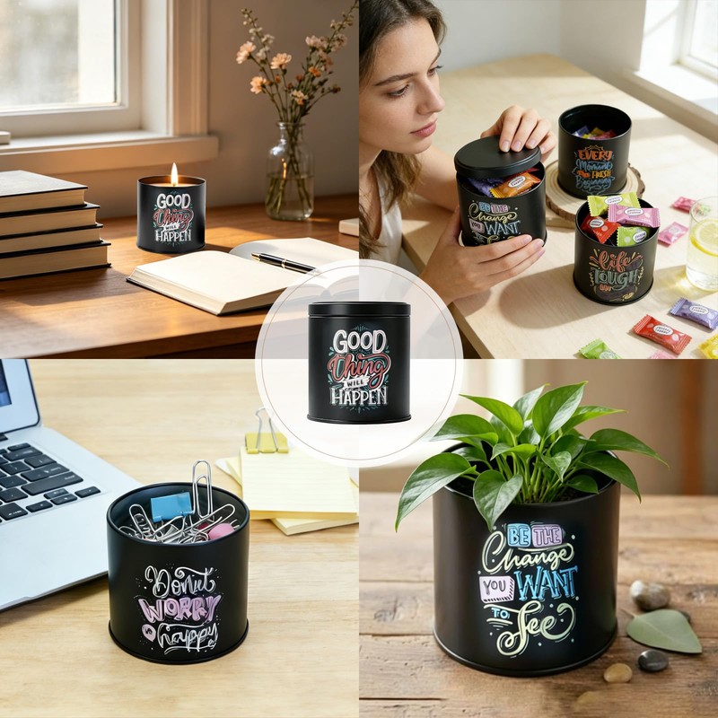 12 Pack Inspirational Black Candle Tins with Lids, 10 oz