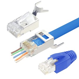 VCELINK Cat7 Cat6A RJ45 Conectores de paso blindados, paquete de 30 unidades, conectores modulares chapados en oro de 3 puntas de 50 μ, terminales Ethernet con botas de alivio de tensión (azul)