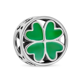 Good Luck Lucky Round Irish Shamrock Enamel Green Heart Clover Charm Bead For Women Teens .925 Sterling Silver Fits European Bracelet