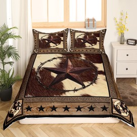 Western Stars Duvet Cover Set Queen Size,Cow Fur Print Bedding Set 3pcs for Kids Teens Adults Room Decor,Old Wooden Board Vintage Comforter Cover Brown Rustic Microfiber Quilt Cover 2 Pillowcases