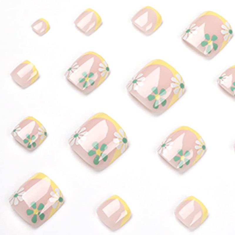 Carufin Pack of 24 Square Flowers False Nails Glitter Shiny