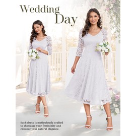 Dressystar Long-Sleeve A-Line Lace Bridesmaid Dress Midi for Wedding Formal Party M White