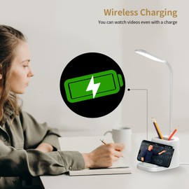 YAMYONE YAMYONE LED Desk Lamp with Wireless Charger, Pen Holder Table Lamp 3 Colors Stepless Dimmable Touch Control, Gooseneck Study Lamp (No Adapter Included, Needs 5V3A Adapter)