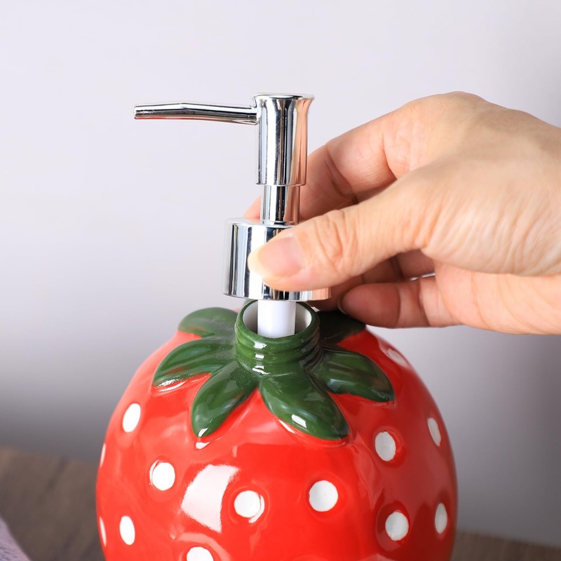 Bicuzat Large Capacity Ceramic Red Strawberry Shaped Soap Dispenser with