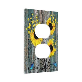 Sunflower Flower Butterfly 1 Gang Electrical Duplex Outlet Cover Plate Blue Wood Plank Decorative Receptacle Plug Covers for Country Home Decor