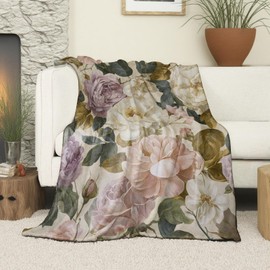 VOPNXLT Vintage Floral Blanket, Soft Cozy Lightweight Elegant Peony and Rose Bloom Throw Blanket for Women Girls, Sofa Couch Bed 50x60 Inch Flannel Romantic Cottagecore Blankets for Travel Decor Gifts