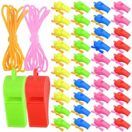 Zuazaor 200 Pieces Plastic Whistles with Lanyard Loud Whistles in Bulk for School Trainning Christmas Birthday Party Goody Bag Fillers (Colorful)