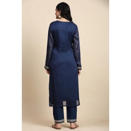 TRENDMALLS Women's Chiffon Embroidery Bandhani Print Salwar Suit Set Kurta Pant with Dupatta (G248-Blue-S)