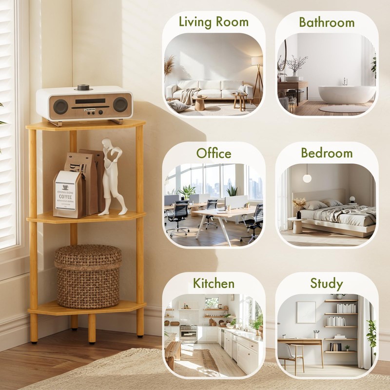 Atoping 3 Tier Bamboo Corner Shelf, Storage Stand with Adjustable