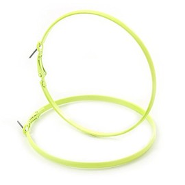 Large Neon Yellow Enamel Flat Hoop Earrings In Silver Tone - 60mm Diameter