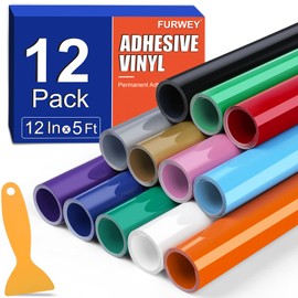FURWEY Permanent Vinyl for Cricut-12 Pack 12 Inch by 5 Feet Permanent Vinyl Rolls, Adhesive Vinyl for Cutting Machines, Signs, Scrapbooking, Craft, Die Cutters