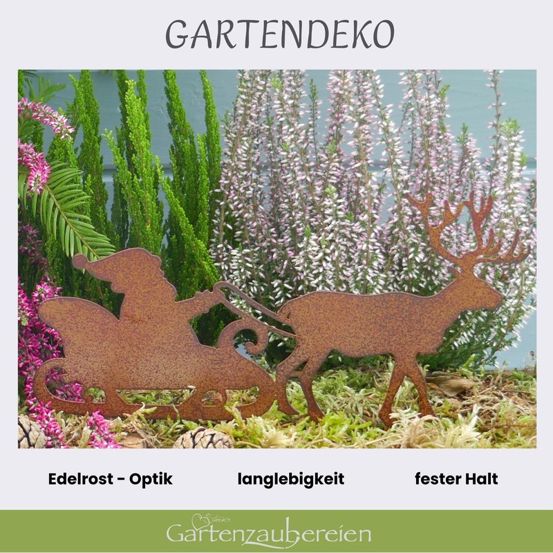 Storm's Gartenzaubereien Garden Stake Santa Sleigh with Reindeer in Rust