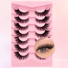Fox Eye 7 Pairs Flu-ffy 19mm Cat-Eye Lashes Curly Volume Faux Mink Lashes that Look Like Extensions Wispy False Eyelashes Natural Look(Fox-14)