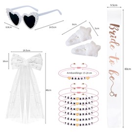 Pack of 10 Jga Accessories Women, with Jga Veil, Team Bride Bracelets, Heart Pearl Sunglasses, Bride to Be Sash, White Bow Hair Accessories, Jga Decoration (White)