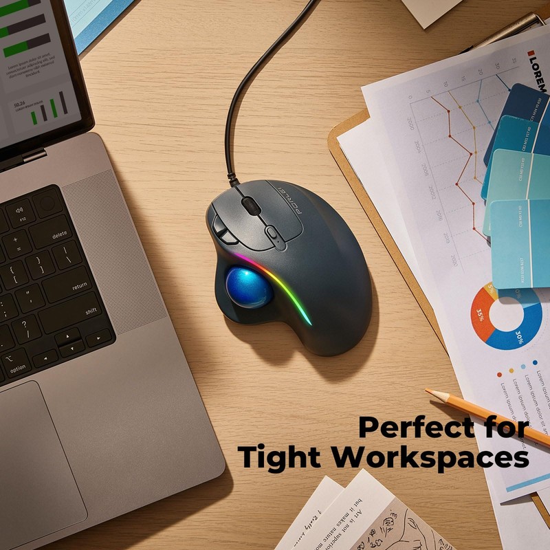 PORLEI Wired Trackball Mouse with RGB Lighting, Ergonomic Thumb Control