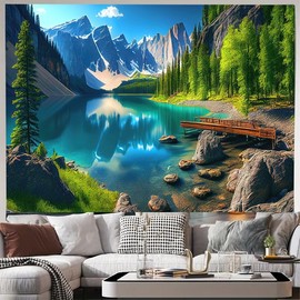 FENDROM Landscape Sunset View of Moraine Lake & Mountain Range Tapestry Forest Tree Tapestry Tranquil Lake Tapestry Nature Landscape Tapestry Wall Hanging for Room