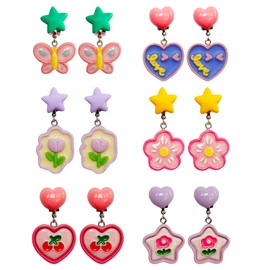 EleMirsa 6 Pairs Kids Clip On Earrings for Girls Jewelry Earrings Princess Game Dress Up Pretend Play Earrings for Little Girls Earrings Set Gift Box