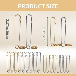 HUIANER Large Safety Pins, 40pcs Heavy Duty Safety Pins Assorted 4" and 3" Big Safety Pins for Clothes Blanket Pins for Skirts Kilts Crafts