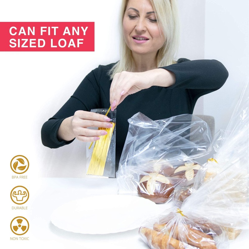Bread Bags with Ties, Reusable,100 Clear Bags and 100 Ties,