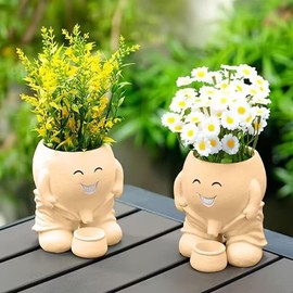 Head Planter, Unique Face Flower Pot Head Vase for Plants for Indoor and Outdoor Décor, Cute Cactus Face Pots Funny Office Plant Pots, Novelty Gift Set ﻿(Khaki)