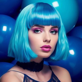 Party Wigs Wig Cap and Sunglass Set,Short Bob Hair Wigs Straight with Flat Bangs Synthetic Colorful Cosplay Daily Party Neon Wig for Women (Blue)