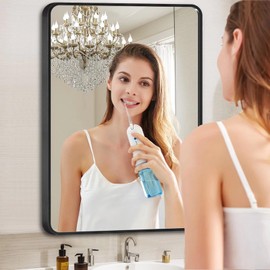 Black Framed Mirror for Bathroom Vanity,Wall Mounted Bathroom Mirrors for Over Sink,15x15in Brushed Rectangle Bedroom Mirror,Modern Decorative for Restroom,Farmhouse,Horizontally or Vertically Hanging