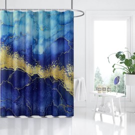 BLESFOREVER Marble Shower Curtain, Blue Marble Shower Curtain Set with 12 Hooks, Abstract Luxury Blue Marble with Gold Veins Texture Shower Curtains for Bathroom, Waterproof Fabric, 72" W X 72" L