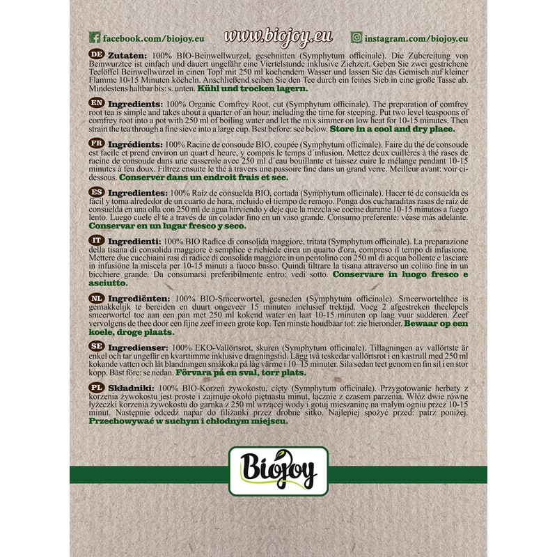 Biojoy Organic Comfrey Root (250g), Dried and Cut, Comfrey Tea
