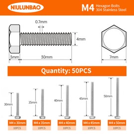M4 x 30mm 35mm 40mm 45mm 50mm Heavy Duty Hexagon Bolts Hex Head Screws, 304 Stainless Steel, Metric Machine Fully Threaded, Bright Finish, Assortment Kit 50PCS