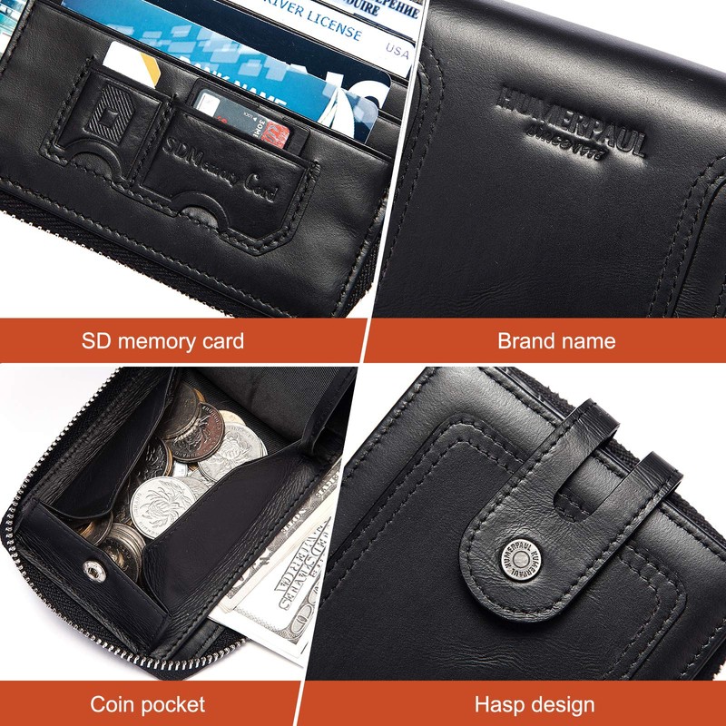 HUMERPAUL Mens Wallet Genuine Leather RFID Blocking Zipper Bifold Wallets