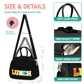 Beaulyn Lunch Bag for Women, Preppy Lunch Box for Girl, Large Insulated Lunch Bag with Adjustable Shoulder Strap, Reusable Lunch Tote Bag with Chenille Letter for Work School Picnic