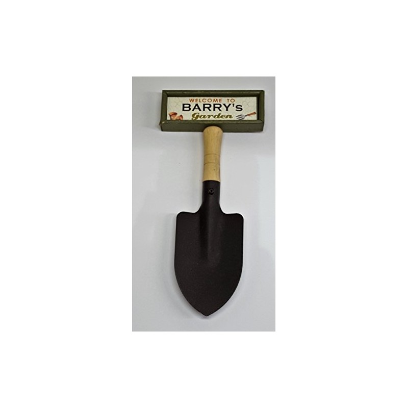 "Welcome to Barry's garden" hanging shovel sign
