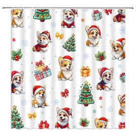 UOZXOML Christmas Dog Shower Curtain Cute Cartoon Corgi with Xmas Hat Pine Tree Snowflake Red Berry Leaves Lovely Animal Pets Lover Happy New Year Fabric Bathroom Decor Curtains with Hooks,70 x 70