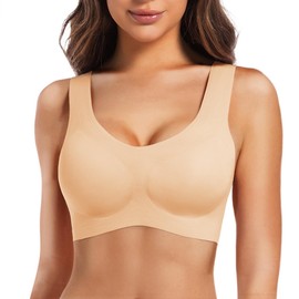 PURILINE 2 Pack Women's Seamless Soft Bra, Wireless Sleep Comfortable Pullover Bras for Women, Full Coverage T-Shirt Bralette, Black and Beige, Large