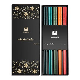 SUPJOYES 5 Pairs of Fibreglass Chopsticks, Colourful Reusable Japanese Chopsticks, Washable for Dishwasher, 24 cm, Cherry Blossom Pattern, Non-Slip Chopsticks