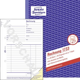 AVERY Zweckform AVERY Zweckform 1733 Rechnung für Kleinunternehmer (A5, 2x40 Blatt, selbstdurchschreibend mit farbigem Durchschlag, ohne Ausweis von MwSt., nach Kleinunternehmerregelung) weiß/gelb