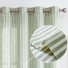 Vangao Linen Stripe Curtains Tickingstripe Light Filtering Window Curtains Green Pinstripe Printed on Beige Drapes 84 Inches Long for Living Room Bedroom Grommet Top 2 Panels