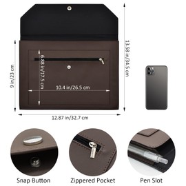 VANRA 1 Piece PU Leather Expanding File Folder Organizer Document Holder with Snap Button Zippered Pocket, Portfolio Envelope Folder Case for A4 Letter Size Paper (Dark Brown)
