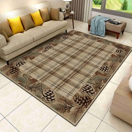 LHOMKCV Rustic Cabin Area Rug, 3x5ft, Country Nature Leaf Pine Cone Border Accent Rugs, Lodge Brown Buffalo Plaid Rug, Non Slip Machine Washable Low Pile Area Rug for Living Room, Bedroom
