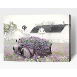 Rustic Barn Pictures Wall Art, Old Truck Canvas Print for Farmhouse Wall Decor, Modern Vintage Car Wall Art, Flower Sea & Pink Truck Painting Framed Artwork for Home - Farm Wall Decor (12x18 Inches)