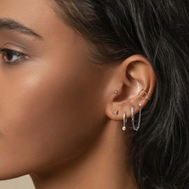 Sanfenly Chain Earrings for Women - 925 Sterling Silver Double Piercing Stud Hoop Earrings 14K Gold Huggie Earrings for Multiple Piercing CZ Drop Cartilage Helix Earrings for Teen Girls-AS