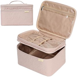 NISHEL Bolsa de maquillaje de viaje de doble capa con correa, organizador grande para cosméticos se adapta a botellas verticalmente, capa superior para pinceles, pinzas, delineador de ojos