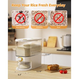 11 Lbs Rice Dispenser, Dry Food Storage Container with Scale Measuring Cup, BPA-Free Household for Kitchen Pantry Organization, White